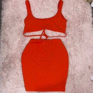 prettylittlething neon orange skirt set